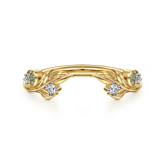 Floral 14K Yellow Gold Prong Setting Green Sapphire and Diamond Open Anniversary Band - 0.06 ct — Gabriel & Co. AN16821Y44GS