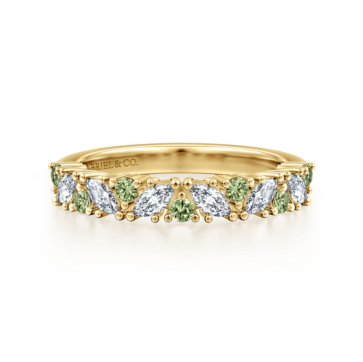 14K Yellow Gold Prong Round Green Sapphire and Marquise Diamond Anniversary Band - 0.40 ct — Gabriel & Co. AN16879Y43GS