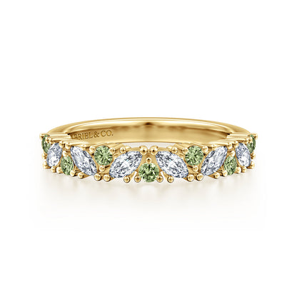 14K Yellow Gold Prong Round Green Sapphire and Marquise Diamond Anniversary Band - 0.40 ct — Gabriel & Co. AN16879Y43GS