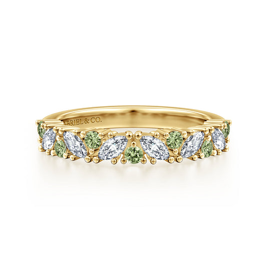 14K Yellow Gold Prong Round Green Sapphire and Marquise Diamond Anniversary Band - 0.40 ct — Gabriel & Co. AN16879Y43GS