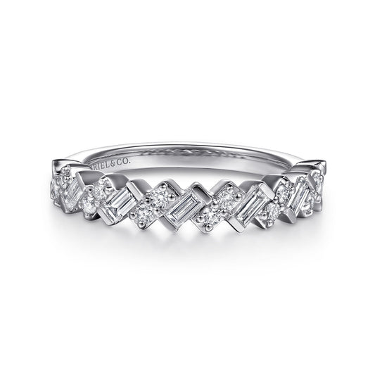 14K White Gold Beads Setting Baguette and Round Diamond Anniversary Band — Gabriel & Co. AN16922W44JJ