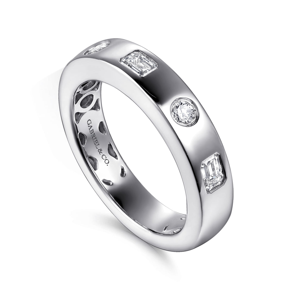 14K White Gold Flush Set Emerald Cut and Round Diamond Anniversary Band — Gabriel & Co. AN16924W44JJ