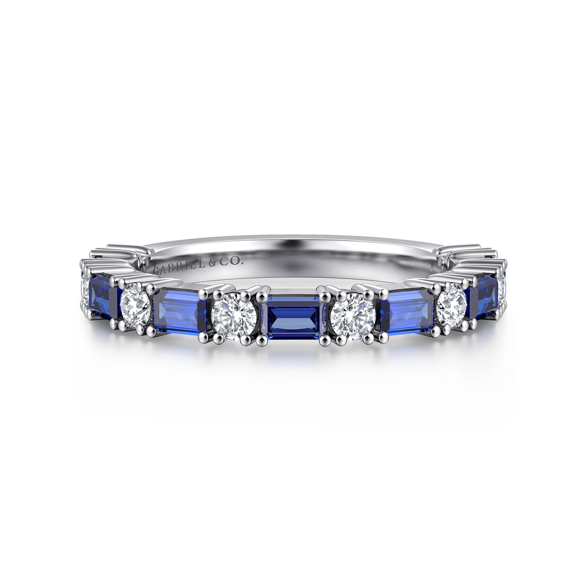 14K White Gold Prong Set Baguette Sapphire and Round Diamond Anniversary Band — Gabriel & Co. AN17079W44SA