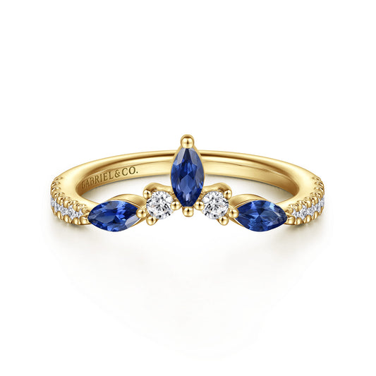 Curved 14K Yellow Gold Prong Set and French Pave Marquise Sapphire and Round Diamond Anniversary Band — Gabriel & Co. AN17081Y44SA