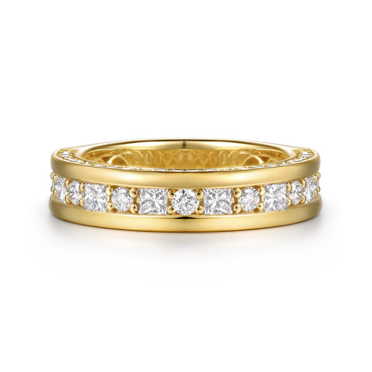 14K Yellow Gold Prong Setting Round and Channel Setting Princess Cut Diamond Wedding Band — Gabriel & Co. AN17115Y44JJ