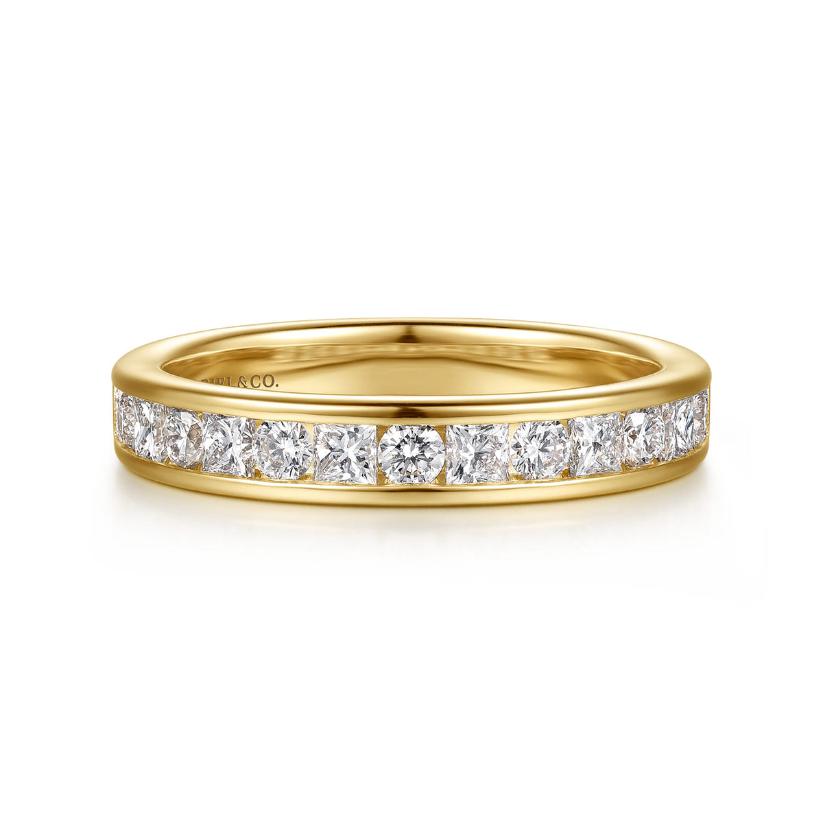 14K Yellow Gold Channel Setting Princess Cut and Round Diamond Wedding Band — Gabriel & Co. AN17116Y44JJ