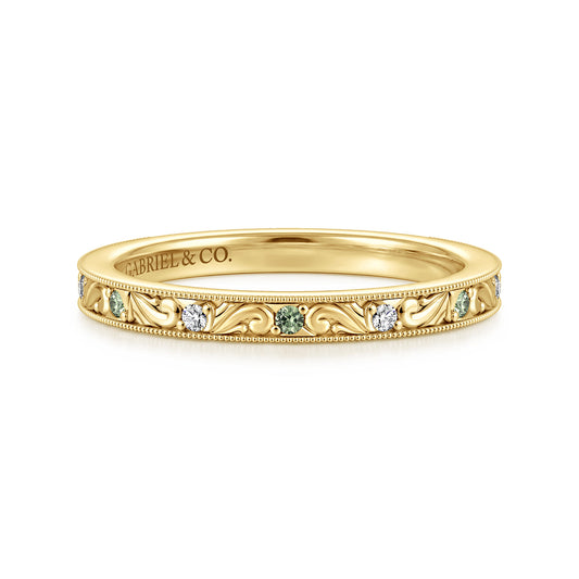 Vintage Inspired 14K Yellow Gold Green Sapphire and Diamond Anniversary Band - 0.06 ct — Gabriel & Co. AN17143Y44GS