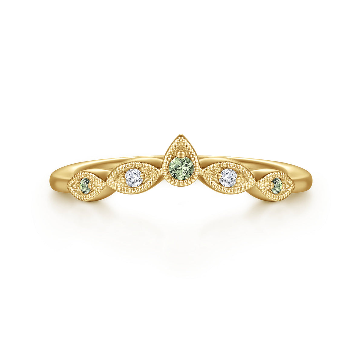 Vintage Inspired 14K Yellow Gold Curved Green Sapphire and Diamond Anniversary Band - 0.03 ct — Gabriel & Co. AN17446Y44GS