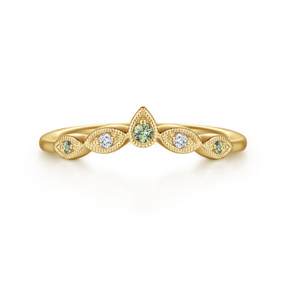 Vintage Inspired 14K Yellow Gold Curved Green Sapphire and Diamond Anniversary Band - 0.03 ct — Gabriel & Co. AN17446Y44GS