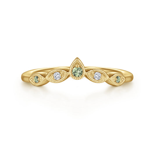 Vintage Inspired 14K Yellow Gold Curved Green Sapphire and Diamond Anniversary Band - 0.03 ct — Gabriel & Co. AN17446Y44GS