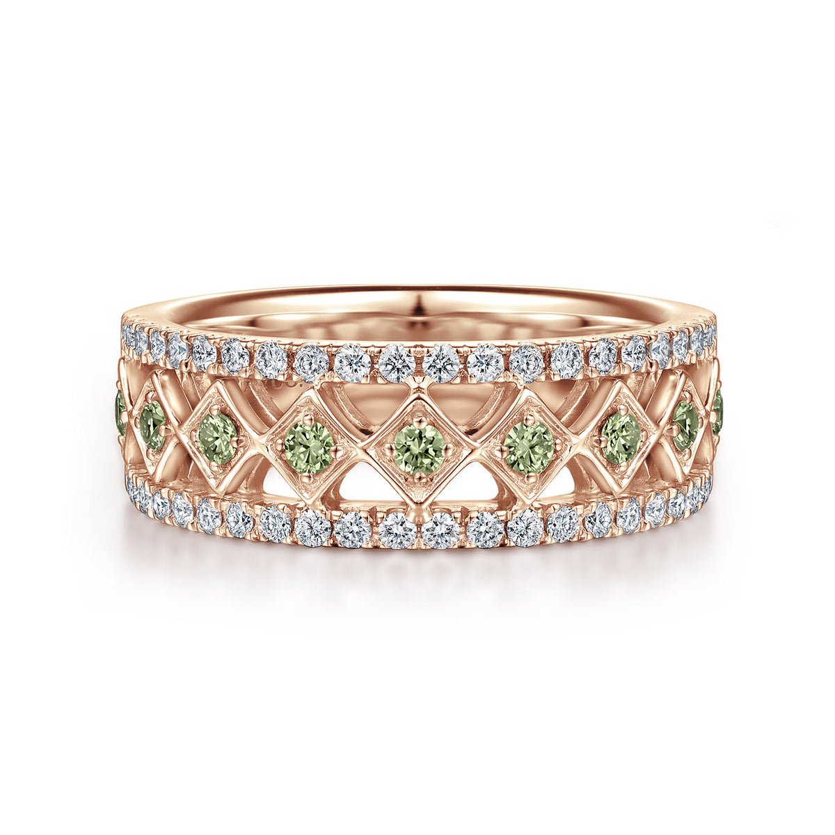 Wide 14K Rose Gold Geometric Green Sapphire and Diamond Anniversary Band - 0.30 ct — Gabriel & Co. AN6003K44GS