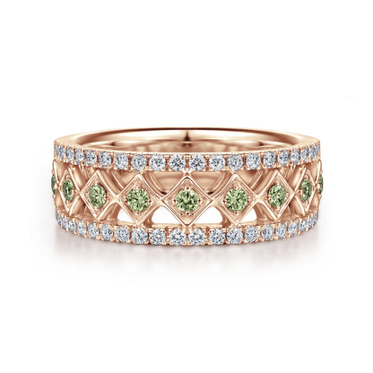Wide 14K Rose Gold Geometric Green Sapphire and Diamond Anniversary Band - 0.30 ct — Gabriel & Co. AN6003K44GS