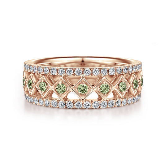 Wide 14K Rose Gold Geometric Green Sapphire and Diamond Anniversary Band - 0.30 ct — Gabriel & Co. AN6003K44GS