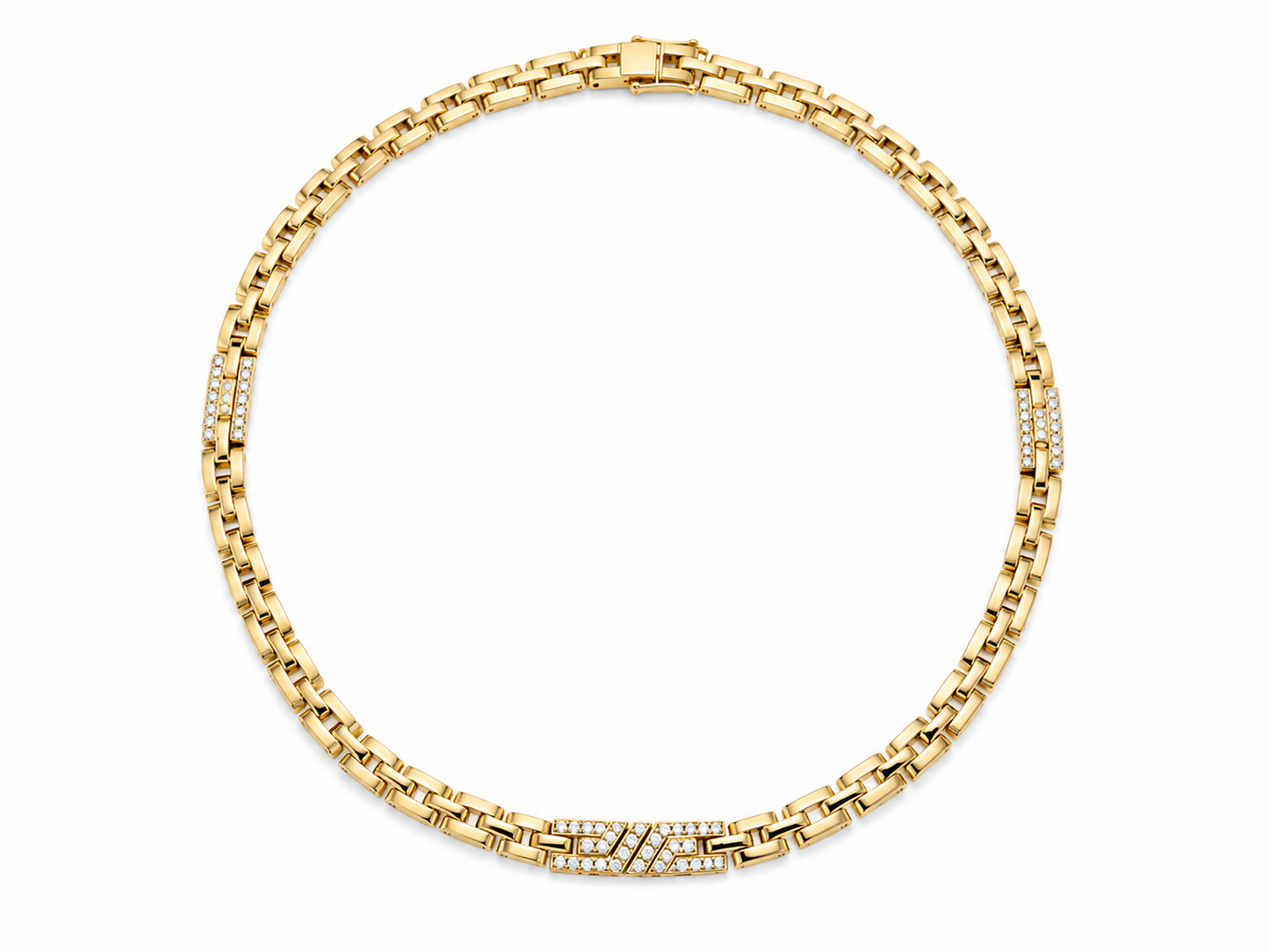 Vintage Cartier 18k Yellow Gold Pavé Diamond Panthère Link Bracelet and Necklace Set