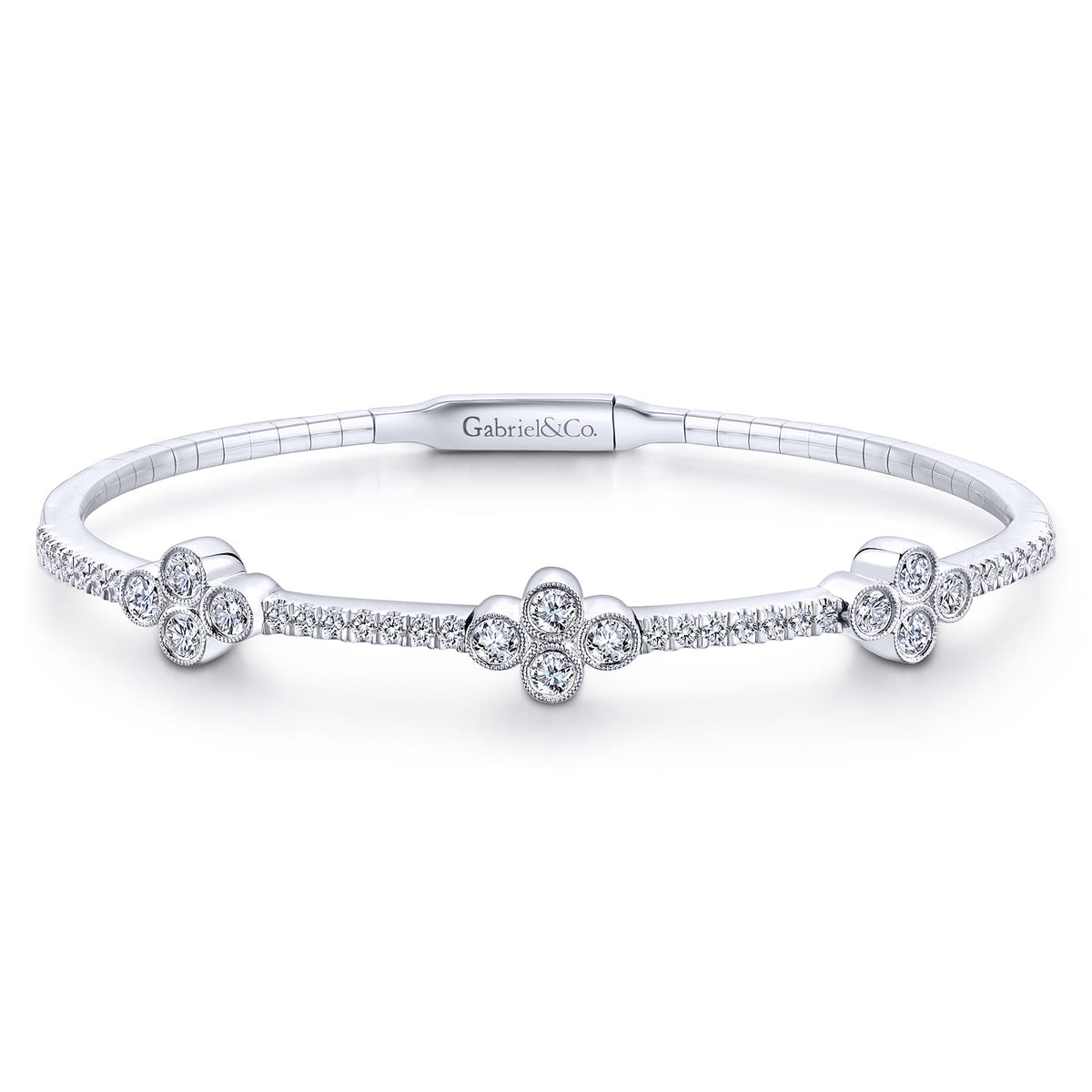 14K White Gold Bangle with Quatrefoil Diamond Stations — Gabriel & Co. BG3969-62W45JJ