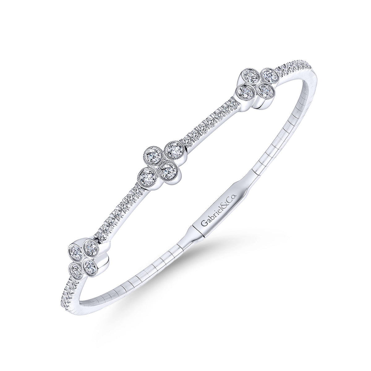 14K White Gold Bangle with Quatrefoil Diamond Stations — Gabriel & Co. BG3969-62W45JJ