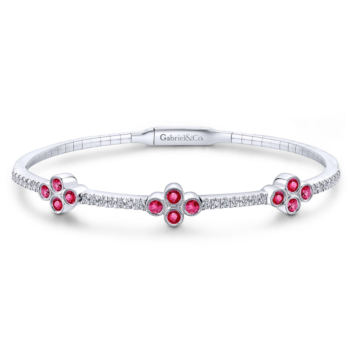 14K White Gold Bangle with Diamond and Ruby Quatrefoil Stations — Gabriel & Co. BG3969-62W45RA