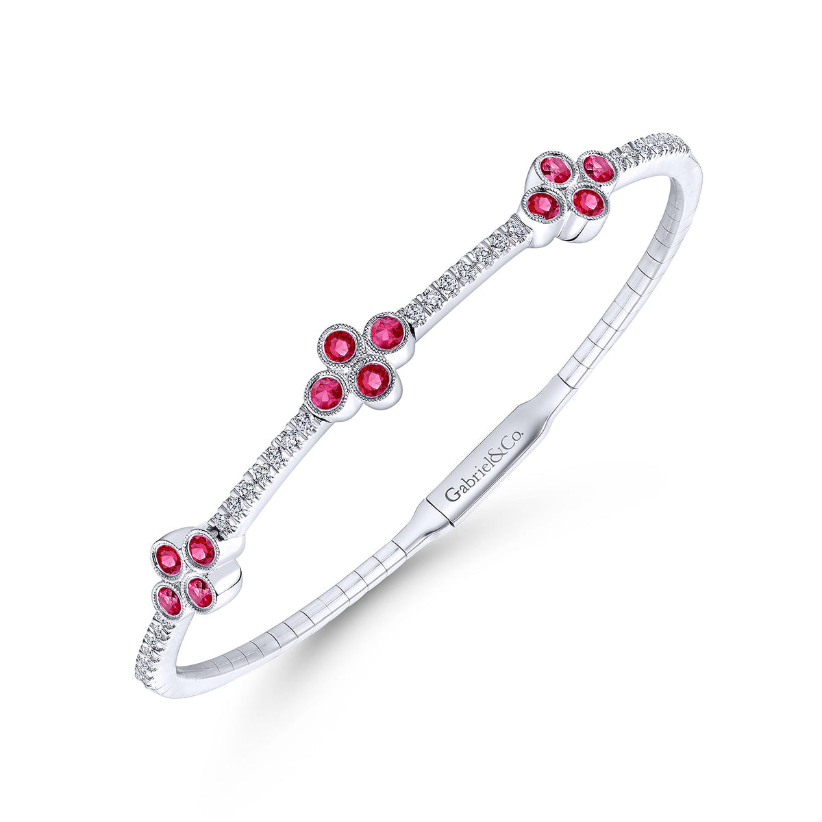 14K White Gold Bangle with Diamond and Ruby Quatrefoil Stations — Gabriel & Co. BG3969-62W45RA