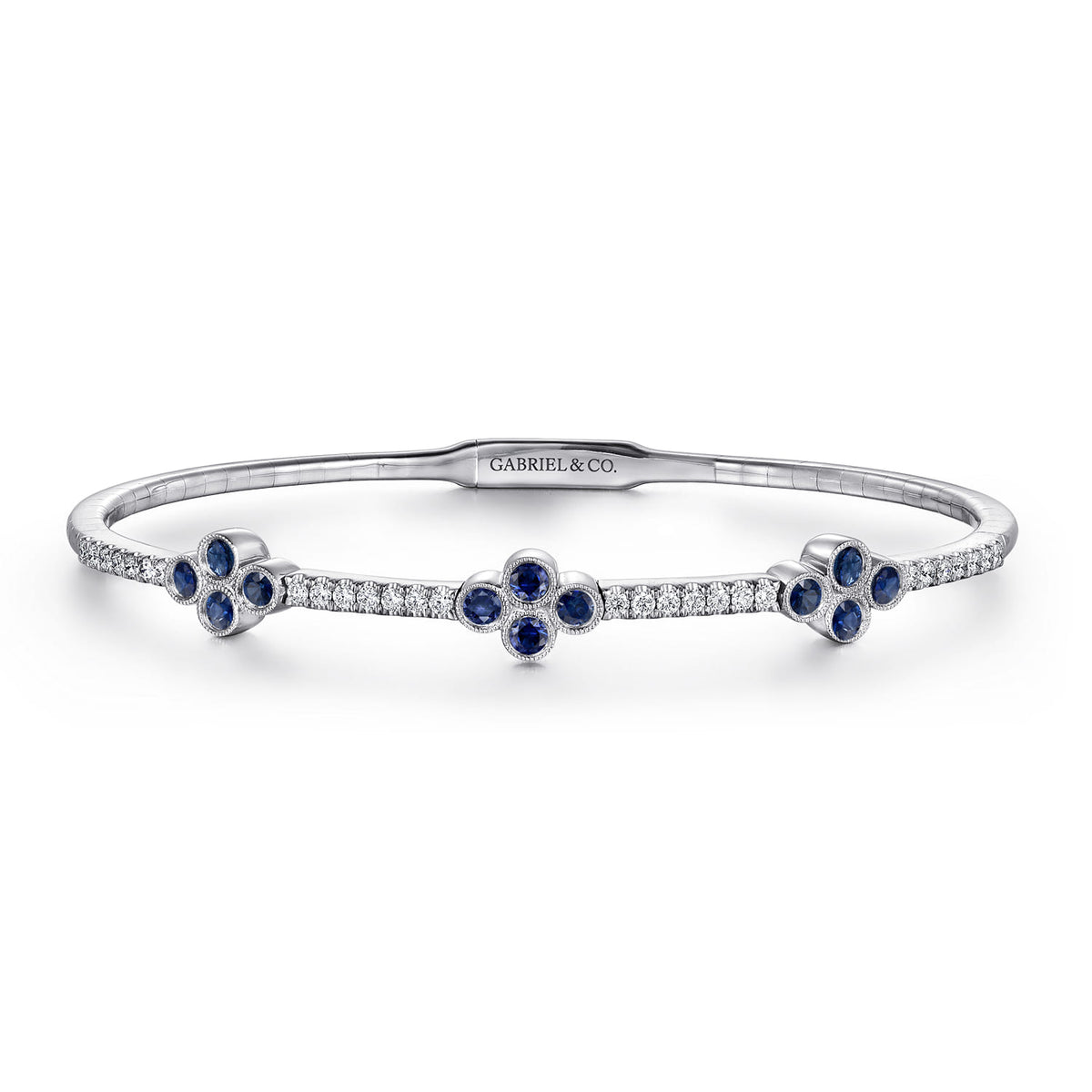 14K White Gold Bangle with Diamond and Sapphire Quatrefoil Stations — Gabriel & Co. BG3969-62W45SA