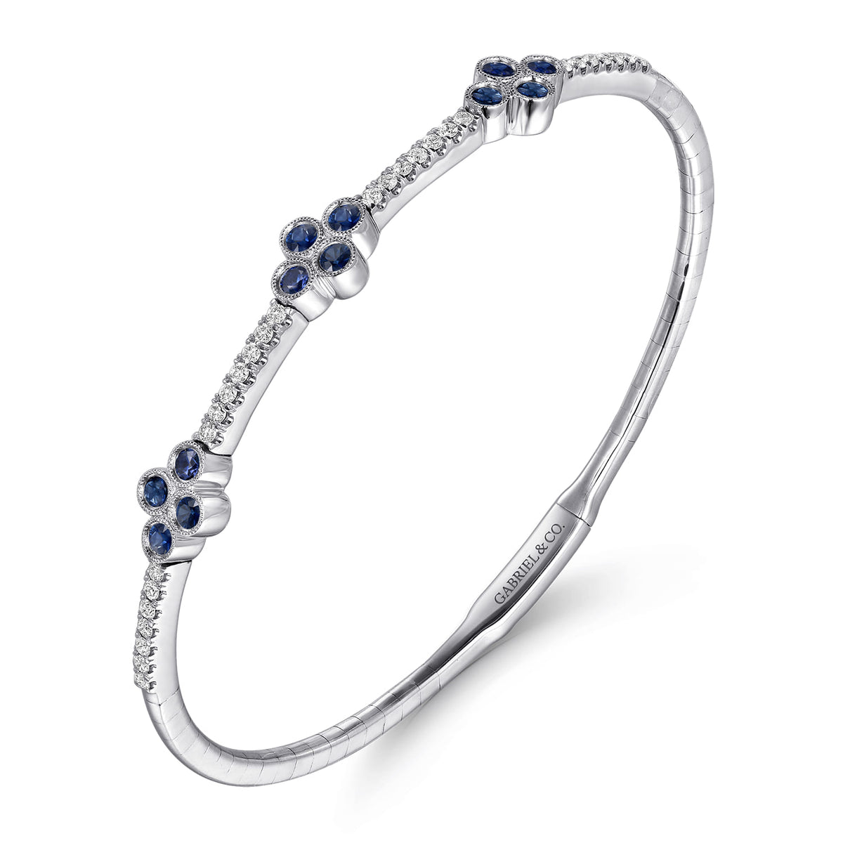 14K White Gold Bangle with Diamond and Sapphire Quatrefoil Stations — Gabriel & Co. BG3969-62W45SA