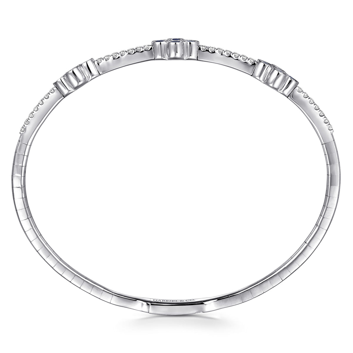 14K White Gold Bangle with Diamond and Sapphire Quatrefoil Stations — Gabriel & Co. BG3969-62W45SA