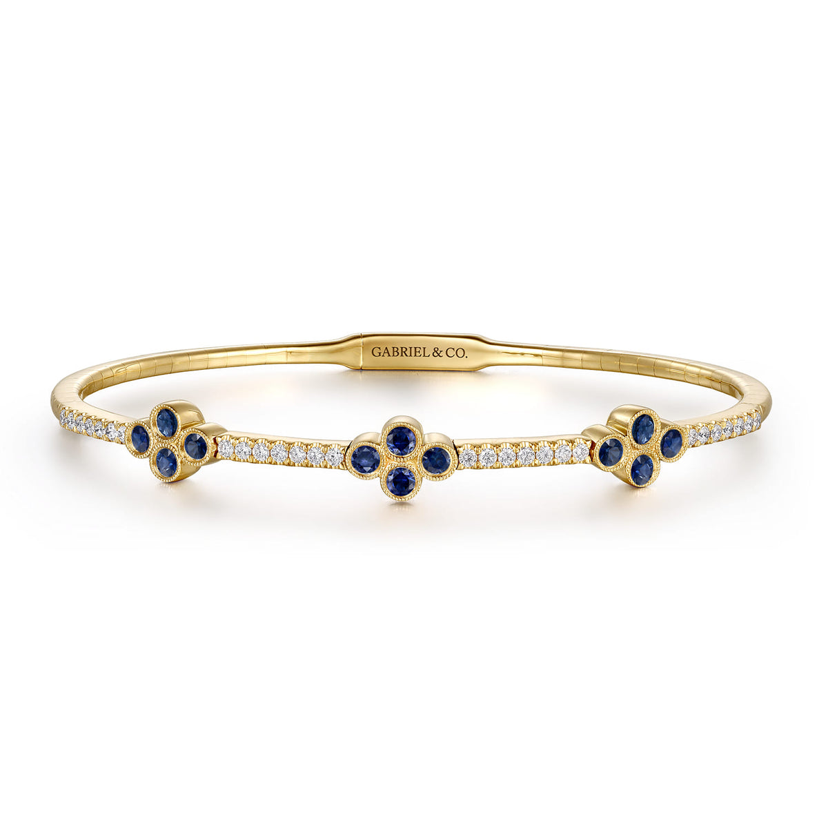 14K Yellow Gold Bangle with Diamond and Sapphire Quatrefoil Stations — Gabriel & Co. BG3969-62Y45SA
