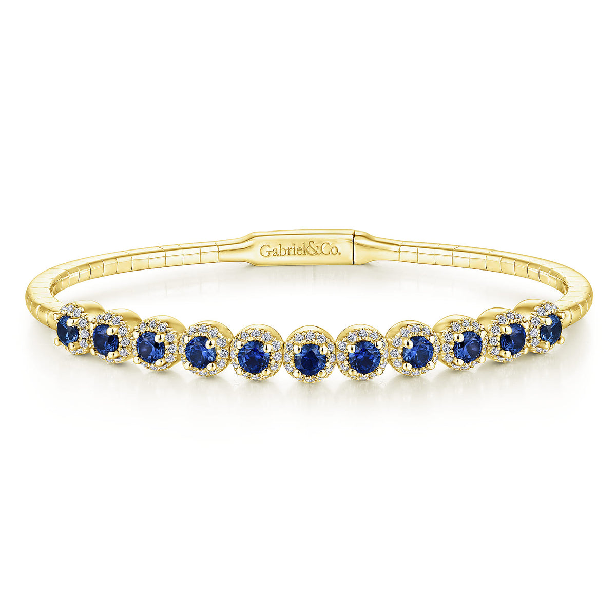 14K Yellow Gold Round Sapphire and Diamond Halo Bangle — Gabriel & Co. BG3980-62Y45SA