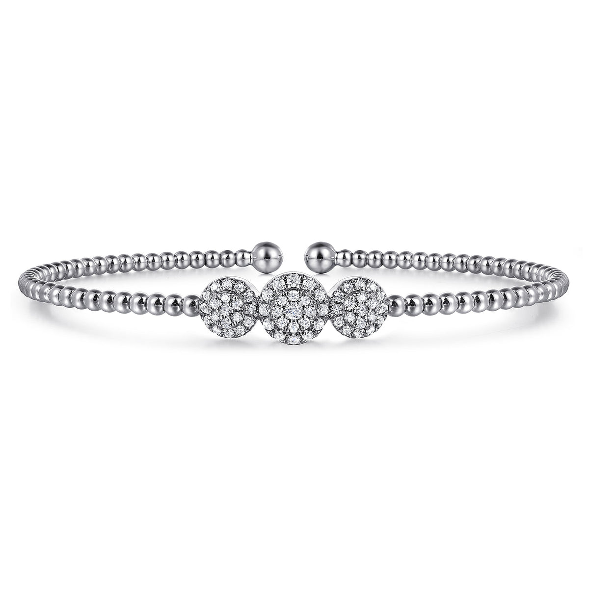 14K White Gold Bujukan Bead Cuff Bracelet with Three Pave Diamond Stations — Gabriel & Co. BG4114-62W45JJ