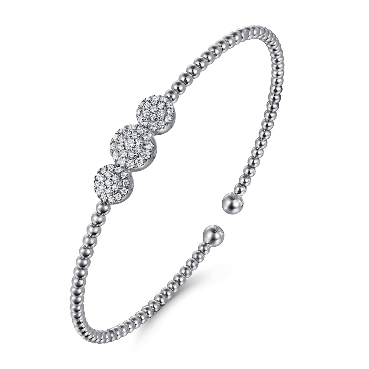 14K White Gold Bujukan Bead Cuff Bracelet with Three Pave Diamond Stations — Gabriel & Co. BG4114-62W45JJ