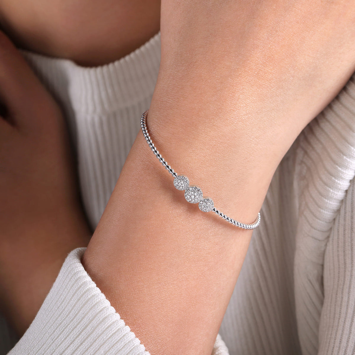 14K White Gold Bujukan Bead Cuff Bracelet with Three Pave Diamond Stations — Gabriel & Co. BG4114-62W45JJ