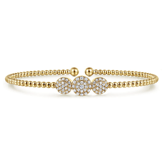 14K Yellow Gold Bujukan Bead Cuff Bracelet with Three Pavé Diamond Stations — Gabriel & Co. BG4114-62Y45JJ
