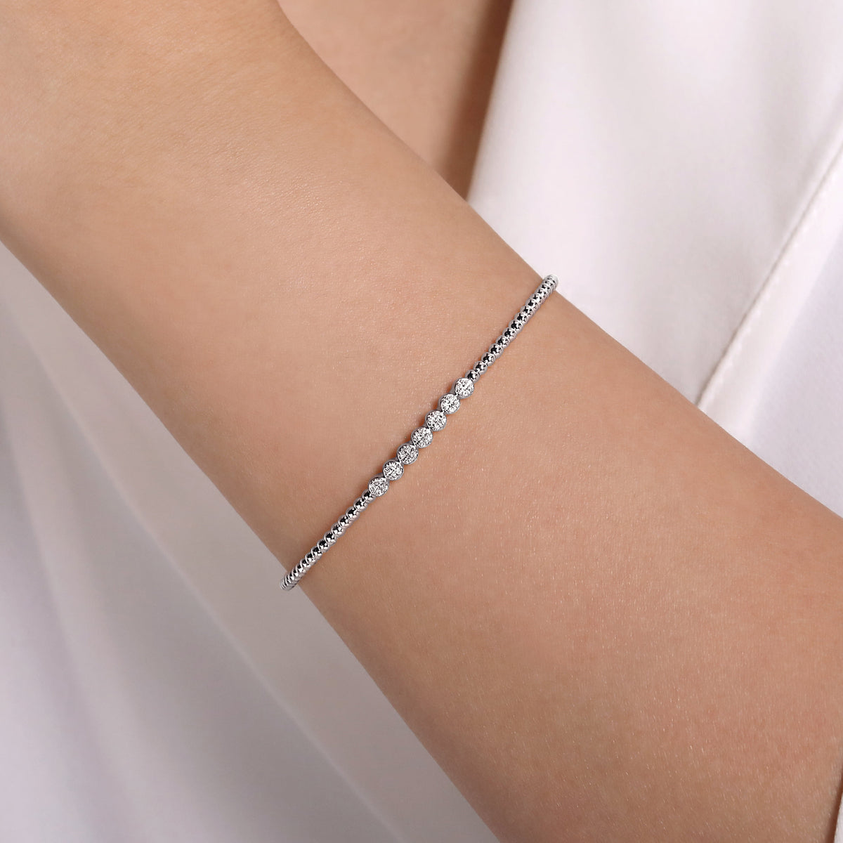 14K White Gold Bujukan Bead and Cluster Diamond Bangle — Gabriel & Co. BG4116-6W45JJ