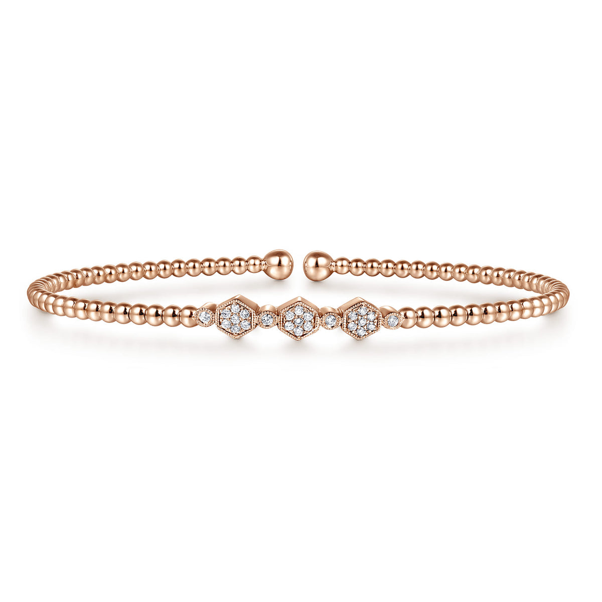 14K Rose Gold Bujukan Bead and Hexagon Cluster Diamond Bangle — Gabriel & Co. BG4117-6K45JJ