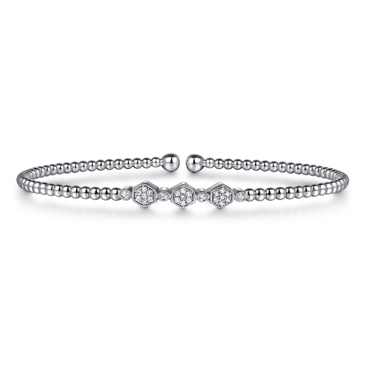 14K White Gold Bujukan Bead and Hexagon Cluster Diamond Bangle — Gabriel & Co. BG4117-6W45JJ