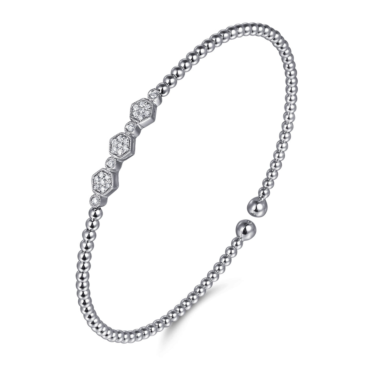 14K White Gold Bujukan Bead and Hexagon Cluster Diamond Bangle — Gabriel & Co. BG4117-6W45JJ