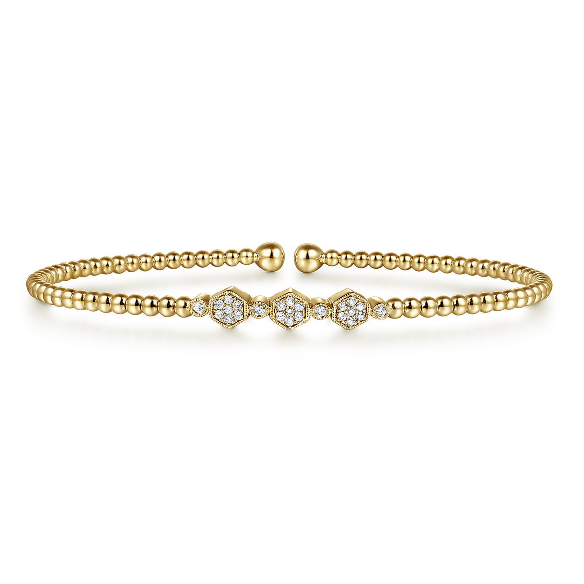 14K Yellow Gold Bujukan Bead and Hexagon Cluster Diamond Bangle — Gabriel & Co. BG4117-6Y45JJ