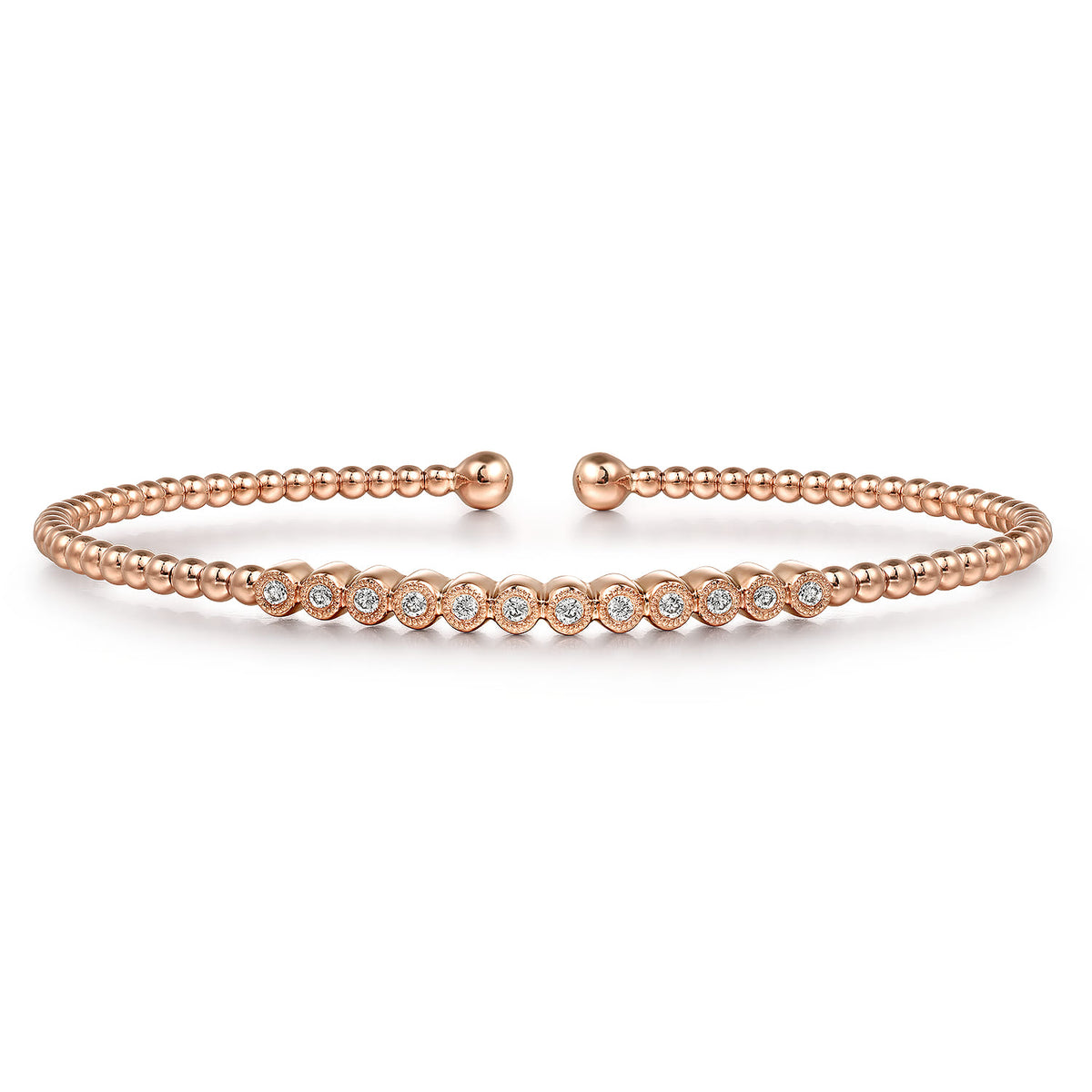 14K Rose Gold Bujukan Bead Cuff Bracelet with Bezel Set Diamond Stations — Gabriel & Co. BG4118-62K45JJ