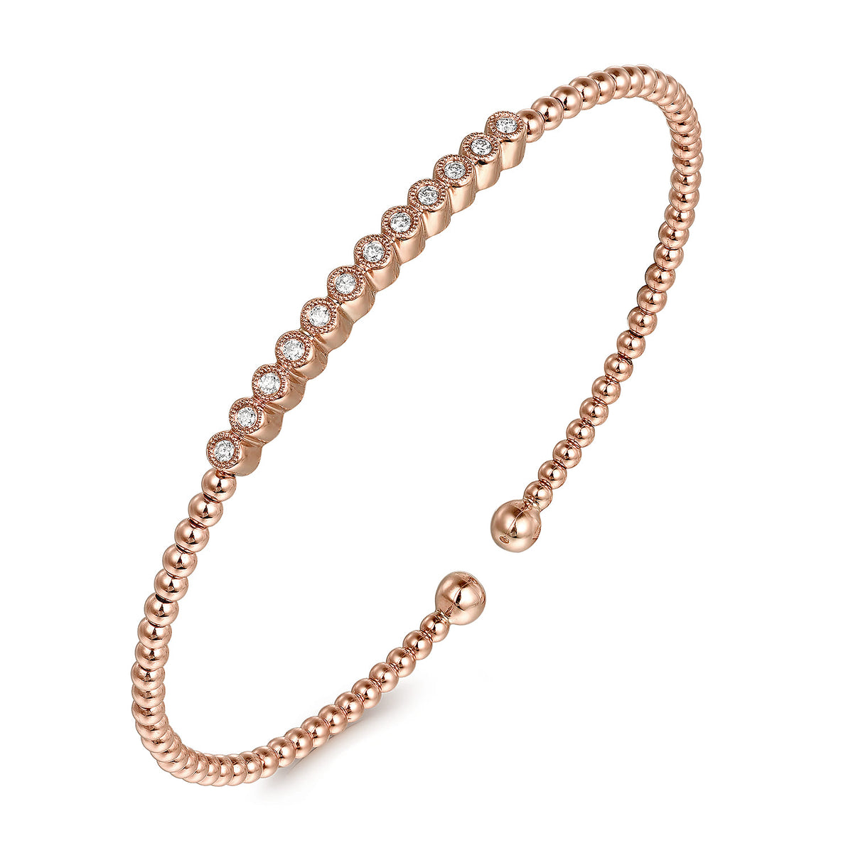 14K Rose Gold Bujukan Bead Cuff Bracelet with Bezel Set Diamond Stations — Gabriel & Co. BG4118-62K45JJ