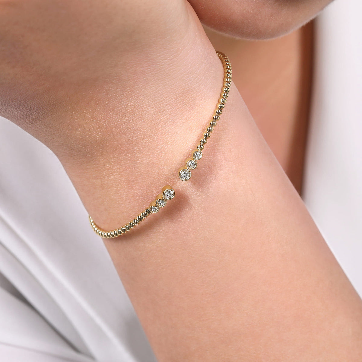 Beaded Open Bangle Bracelet 14K Yellow Gold Diamond 0.24ct Bujukan — Gabriel & Co. BG4120-62Y45JJ