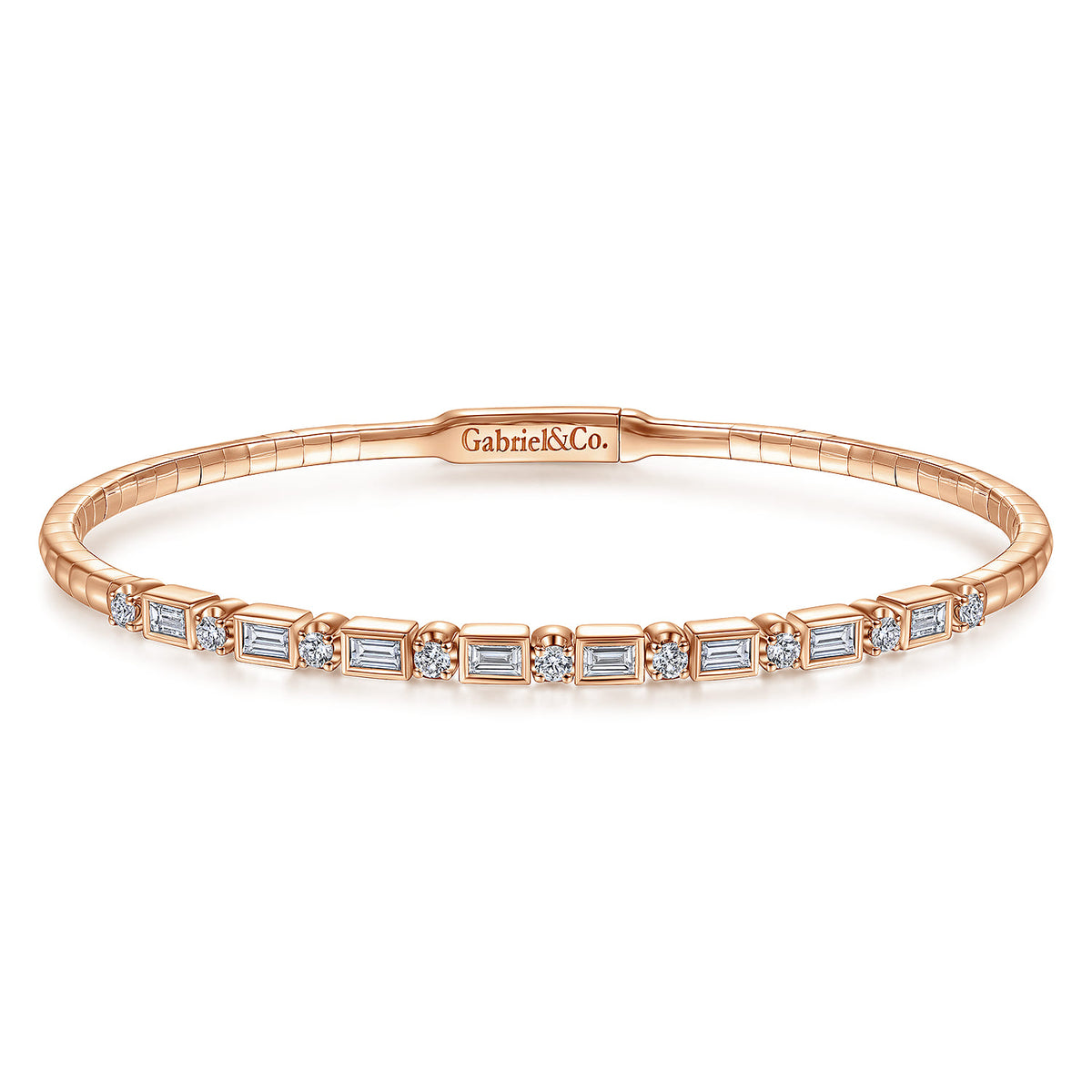 14K Rose Gold Alternating Baguette and Round Diamond Bangle — Gabriel & Co. BG4219-62K44JJ