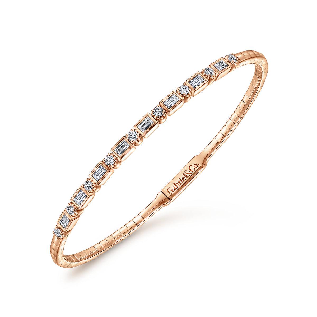 14K Rose Gold Alternating Baguette and Round Diamond Bangle — Gabriel & Co. BG4219-62K44JJ