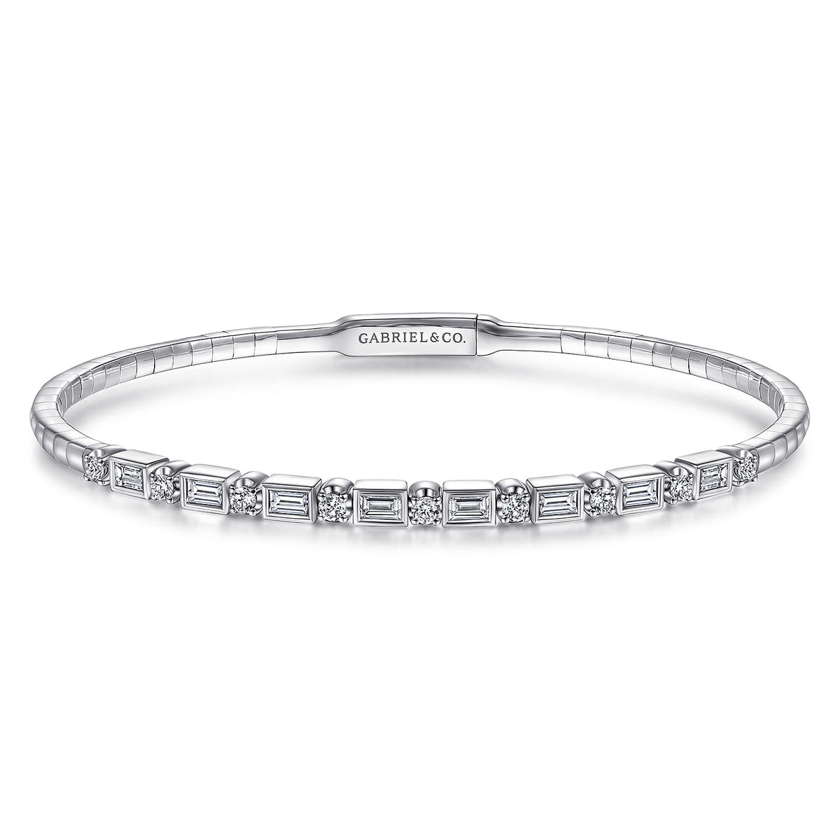 14K White Gold Alternating Baguette and Round Diamond Bangle — Gabriel & Co. BG4219-65W44JJ