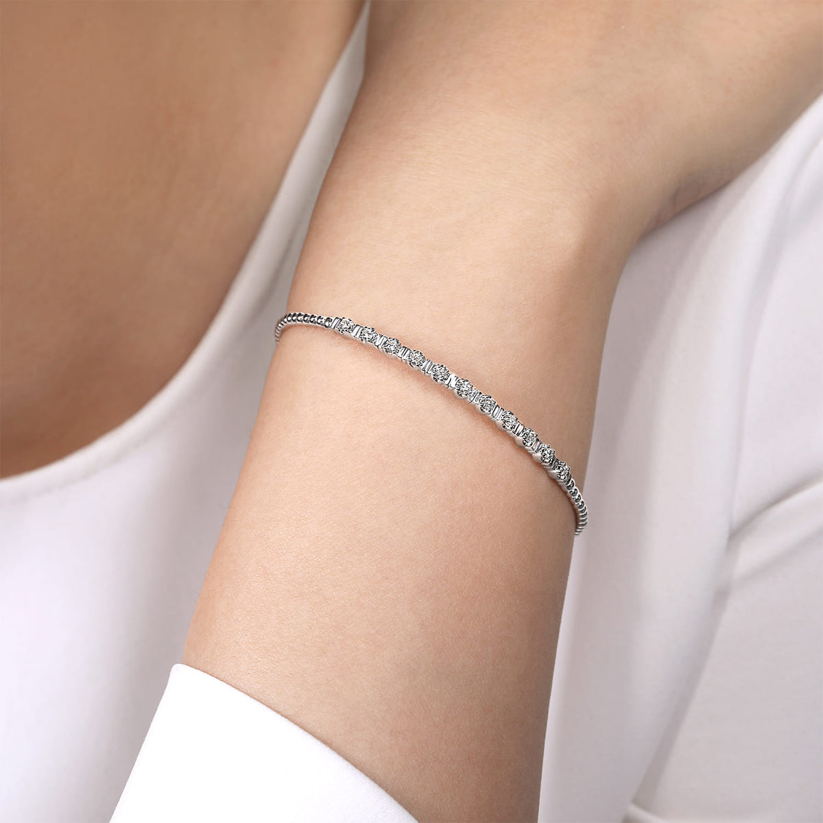 14K White Gold Bujukan Bead Cuff Bracelet with Diamond Stations — Gabriel & Co. BG4228-62W45JJ
