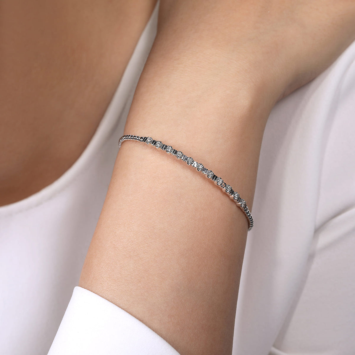 14K White Gold Bujukan Bead Cuff Bracelet with Diamond Stations — Gabriel & Co. BG4228-6W45JJ