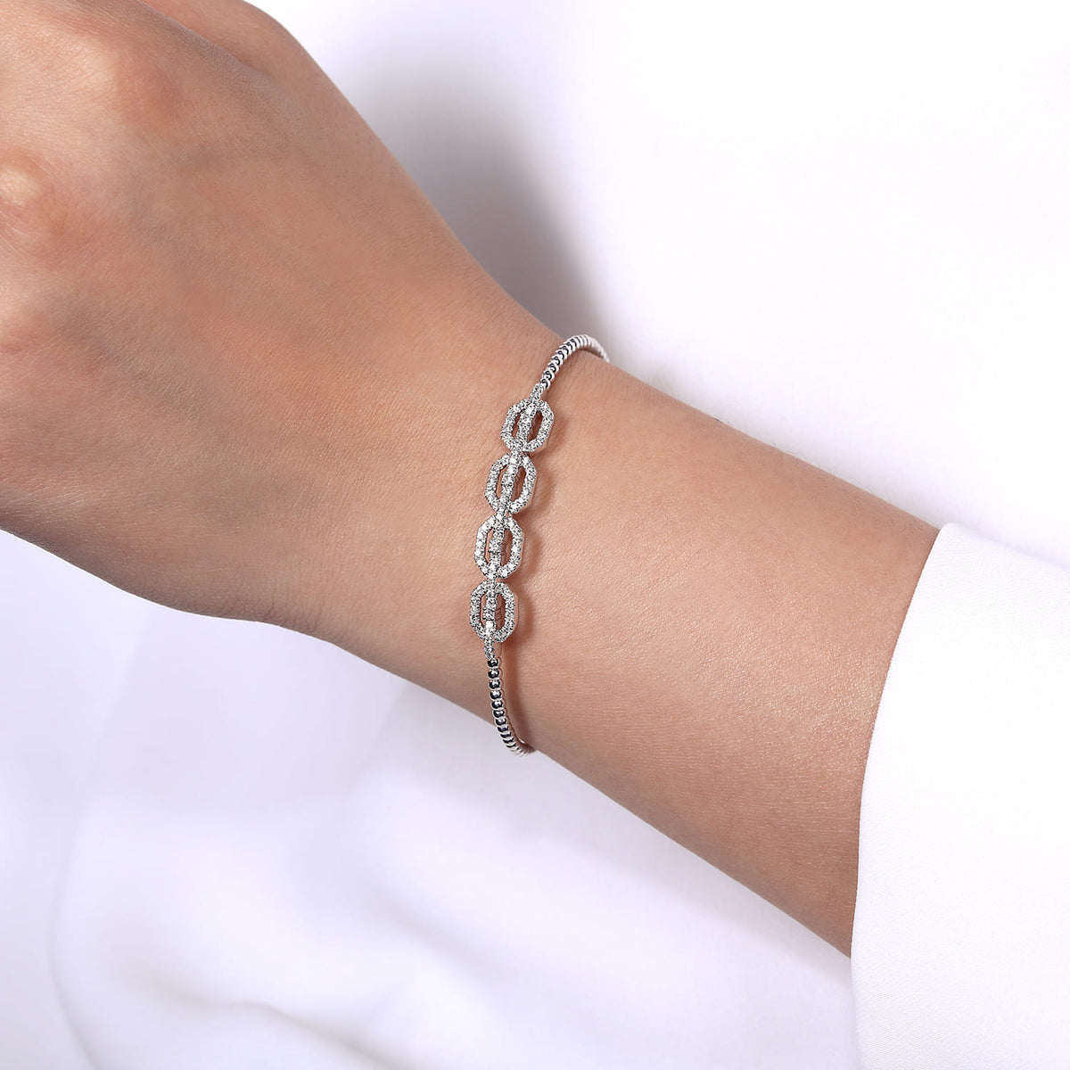 14K White Gold Bujukan Bead Cuff Bracelet with Diamond Pave Links — Gabriel & Co. BG4229-6W45JJ