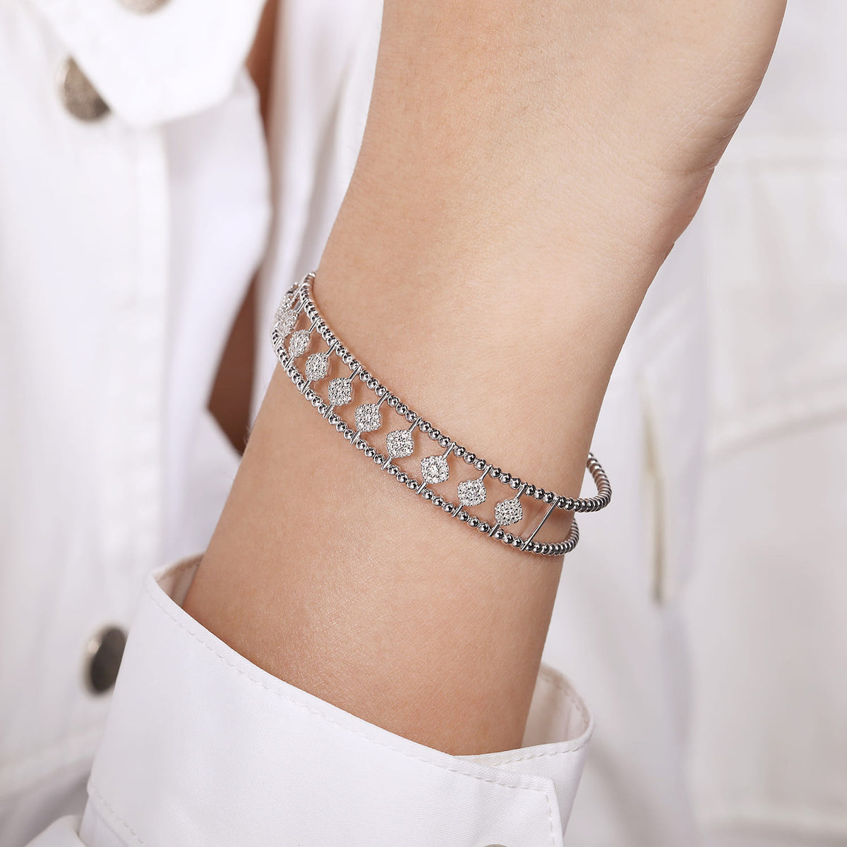 14K White Gold Bujukan Bead Cuff Bracelet with Pave Diamond Connectors — Gabriel & Co. BG4232-62W45JJ