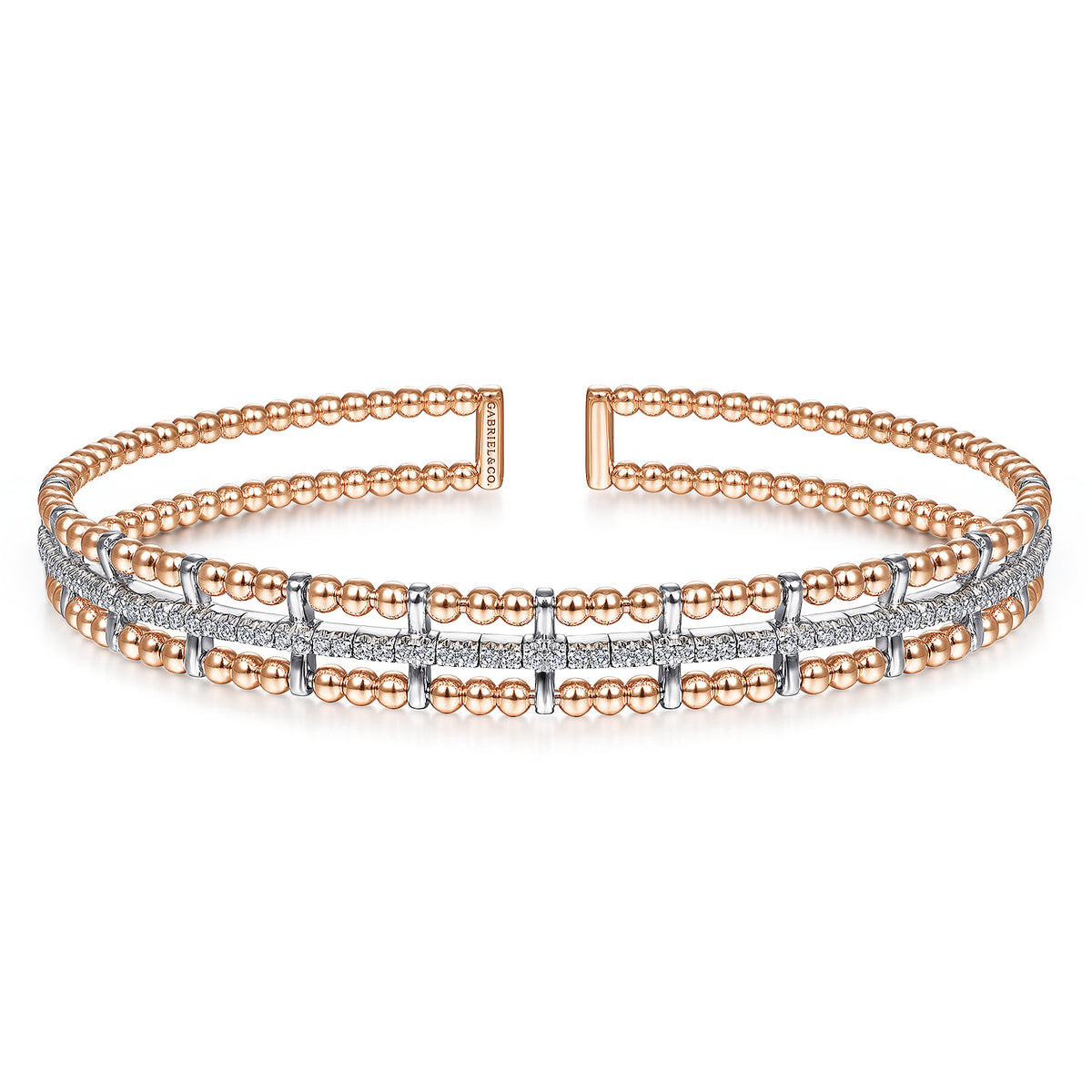 14K White-Rose Gold Bujukan Bead Cuff Bangle with Inner Diamond Channel — Gabriel & Co. BG4323-62T45JJ