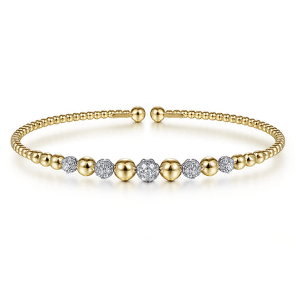 14K Yellow-White Gold Bujukan Bead Cuff Bracelet with Pave Diamond Stations — Gabriel & Co. BG4362-65M45JJ