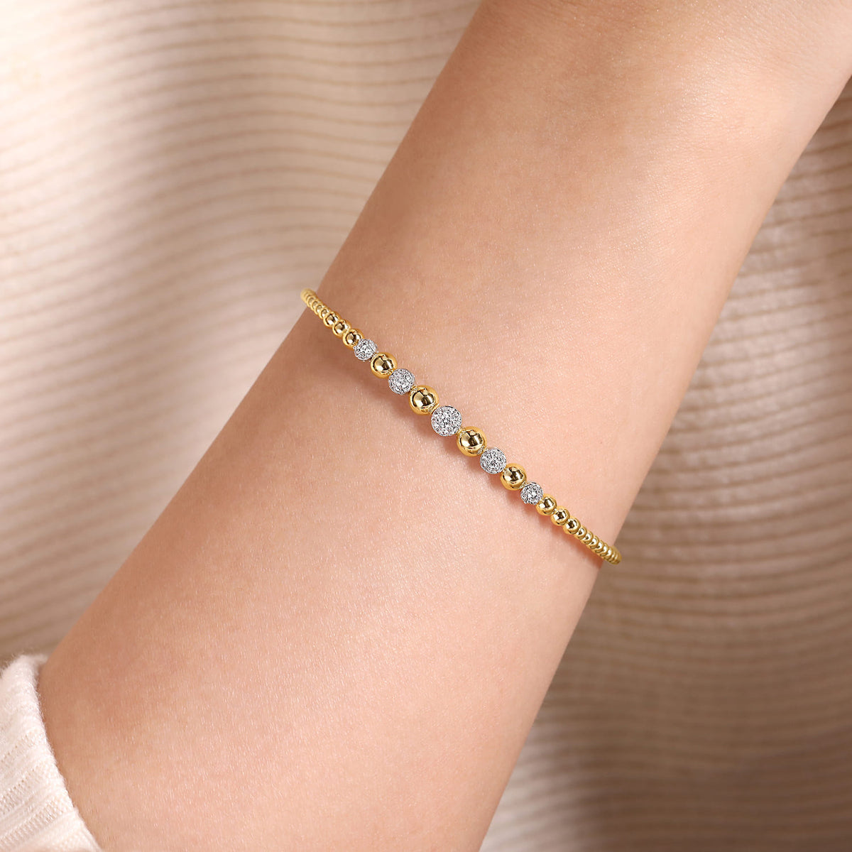 14K Yellow-White Gold Bujukan Bead Cuff Bracelet with Pave Diamond Stations — Gabriel & Co. BG4362-65M45JJ