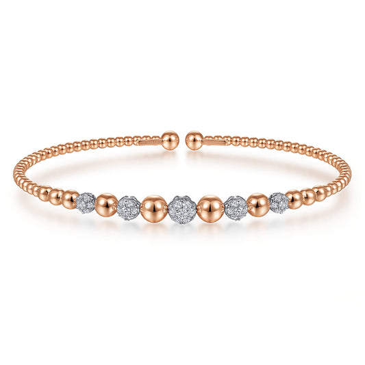 14K White-Rose Gold Bujukan Bead Cuff Bracelet with Pave Diamond Stations — Gabriel & Co. BG4362-65T45JJ